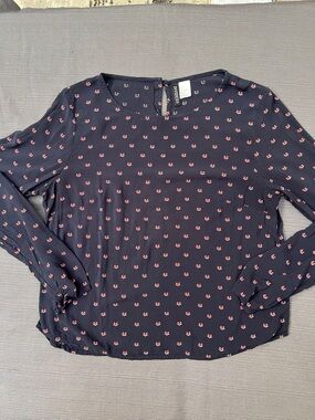 H & M Divided Navy Long-Sleeve Floral Print Blouse. SZ 10